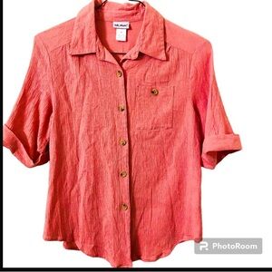 Vicki Wayne Button Down Short Sleeves Collar Rose Pink Natural Cotton Blouse